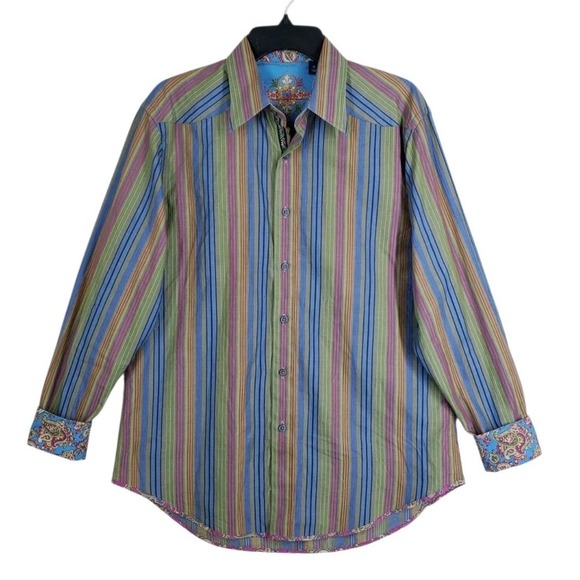Robert Graham Dress Shirt Mens M Blue Green Red Colorful Striped Flip Cuffs LS - Picture 7 of 11